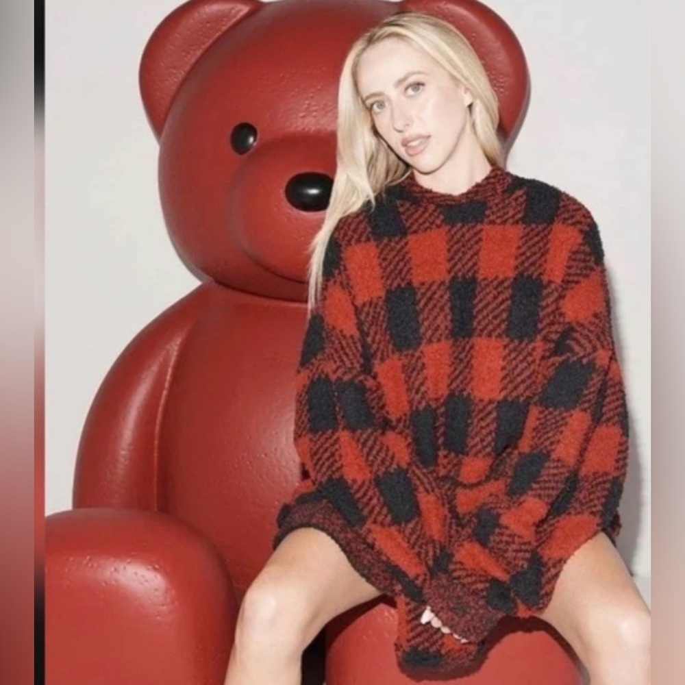 NWT SKIMS Cozy Unisex Oversized Hoodie in Brick Buffalo Check Sz S/M